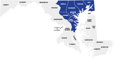 Len The Plumber service area highlighted map of Baltimore